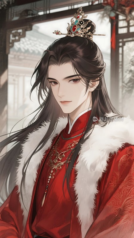 古风美男红衣白毛绒配皇冠