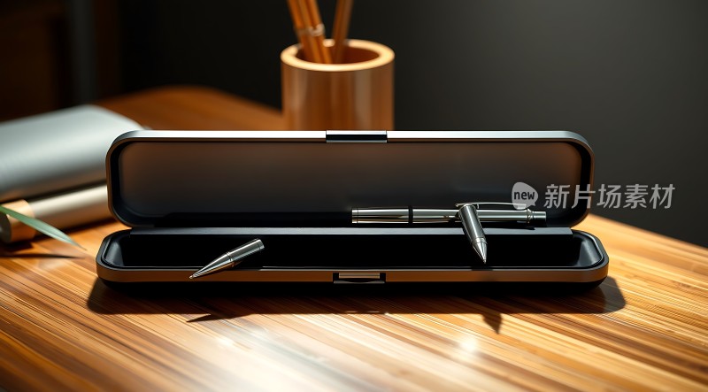 商务办公桌上笔盒里的钢笔和圆珠笔