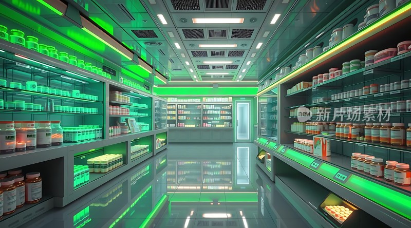 未来药房的绿色光芒与整齐药品