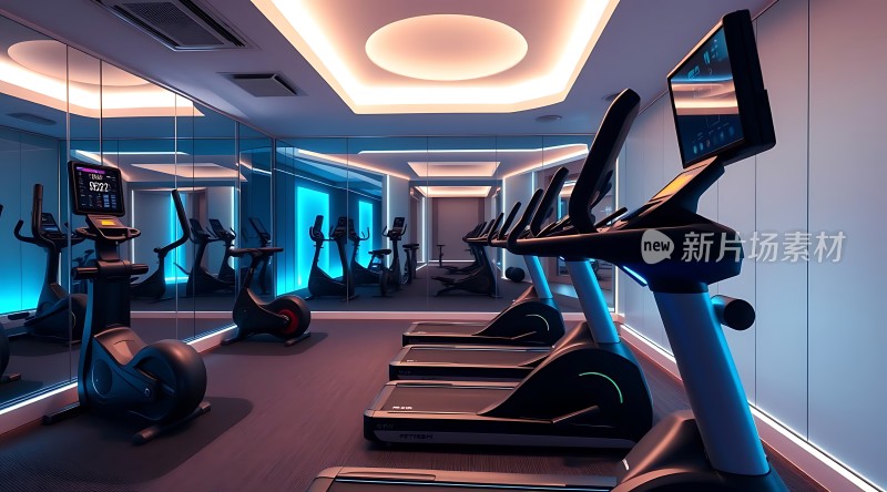 现代健身房跑步机与动感单车并排摆放镜面墙反射出运动器材和灯光效果