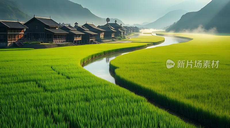 晨雾中的稻田风光