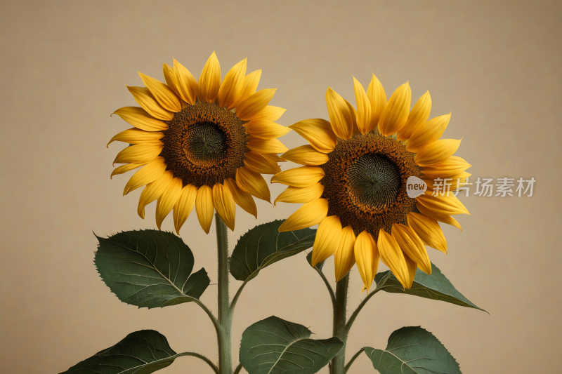 花瓶里有两朵向日葵花瓶里有绿色的叶子图片