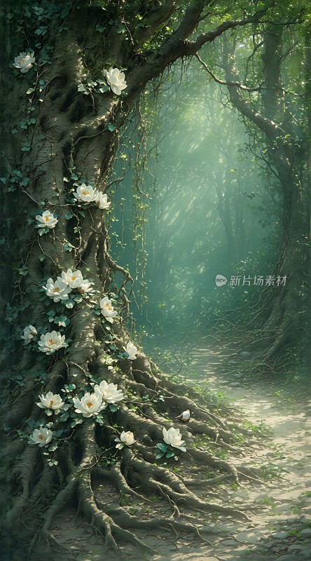 迷雾森林中的白色花朵与古老树木