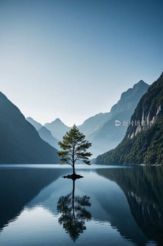 湖中央的树山脉高清风景图片