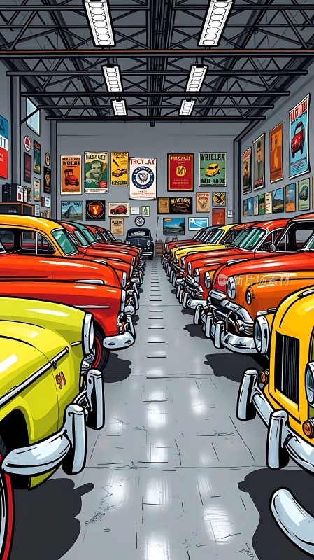 经典车库里的复古汽车