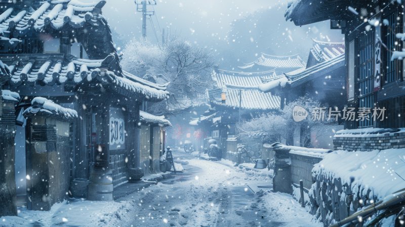 冬天中国塔楼古镇下雪古风雪景