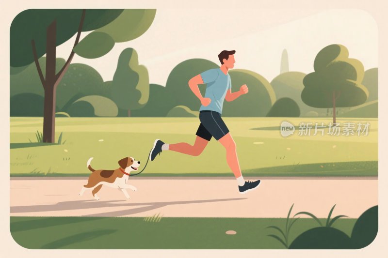 男子公园跑步带狗插画