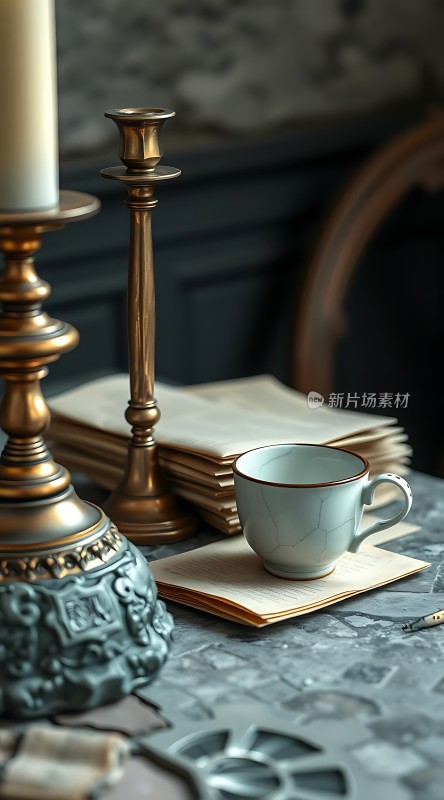 古铜烛台与茶杯静物图