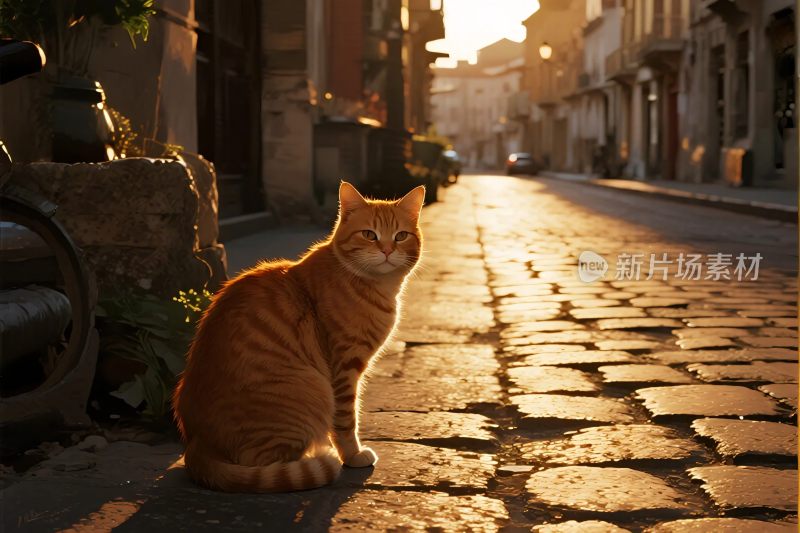 橘猫日落街道场景
