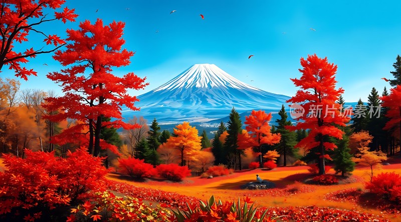 秋日红枫映雪峰