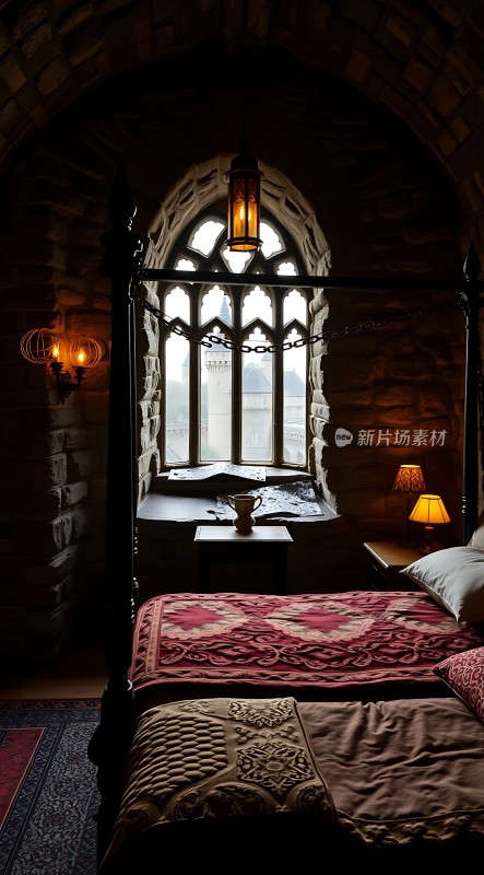 古堡卧室石墙拱窗温馨床铺神秘氛围