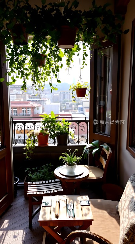 阳光下的阳台绿意盎然