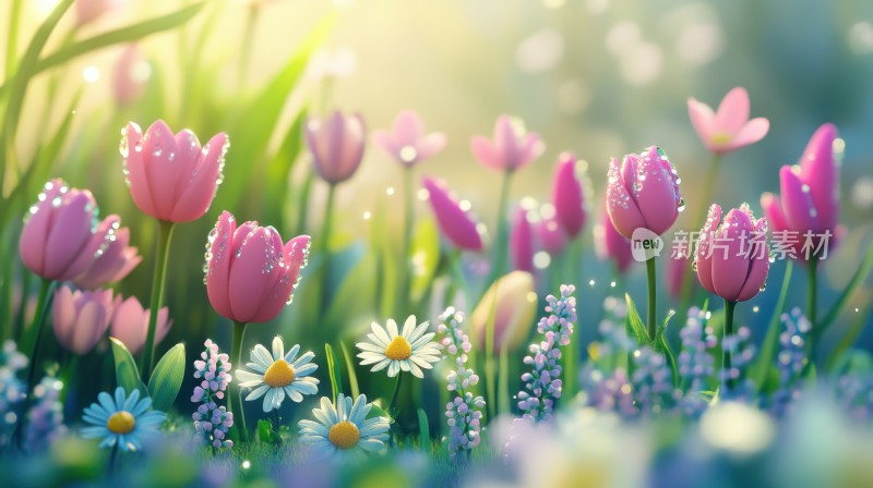 春天春日晨曦中的郁金香小雏菊鲜花