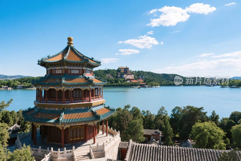 古典塔楼湖景风景