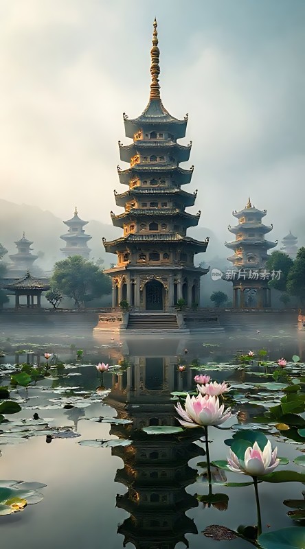 湖畔古塔映荷花