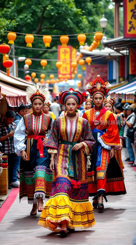 民族服饰游行色彩斑斓节日气氛浓厚