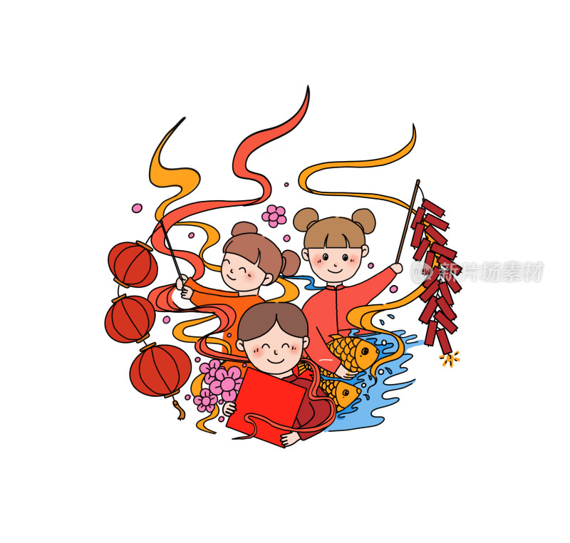 孩子庆祝传统节日春节新年插画