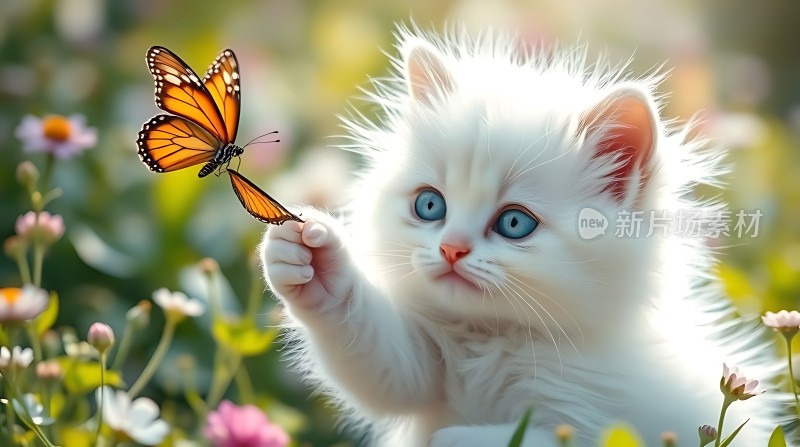 小猫与蝴蝶共舞于花丛间