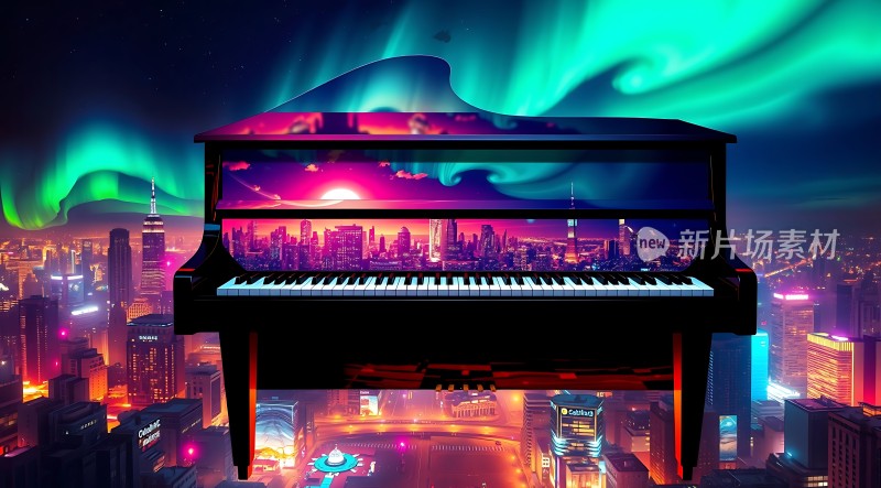 钢琴与城市夜景的结合展现音乐与都市的魅力