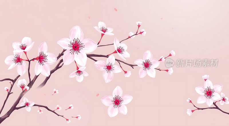 粉红樱花飘落枝头