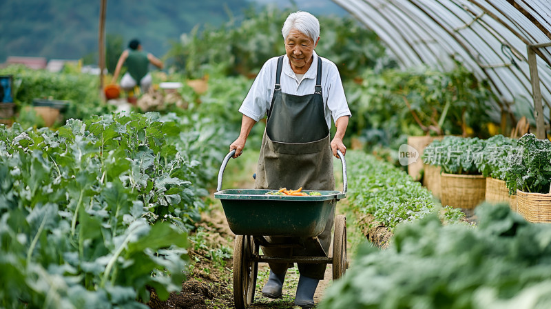 老奶奶田间劳作农业种植有机蔬菜车青菜