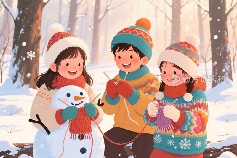 冬季孩子堆雪人插画