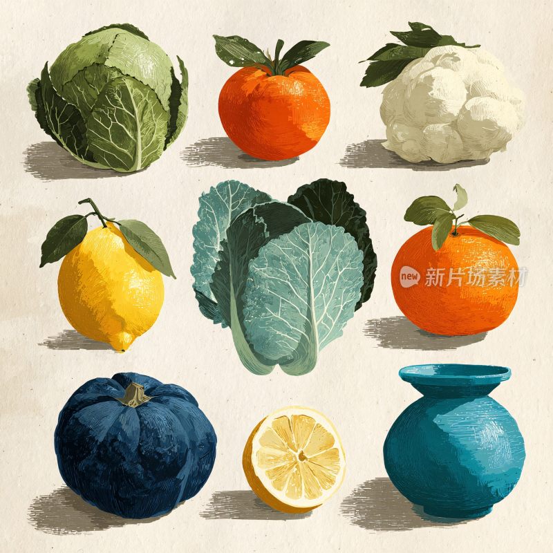 插画风格的蔬菜水果组合