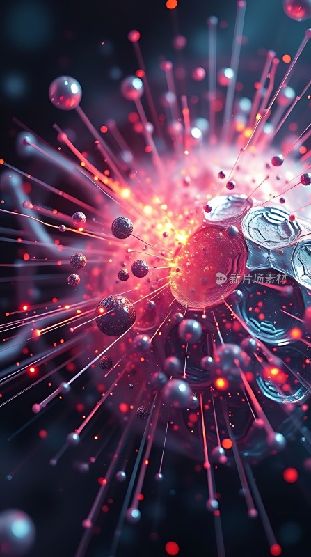 粒子爆炸红色光晕与蓝色球体交织