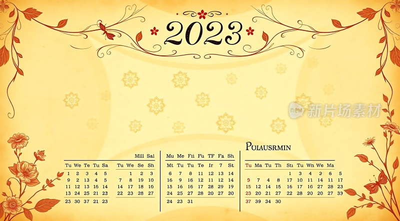 2023年日历黄色背景红色花纹装饰清晰展示月份和日期