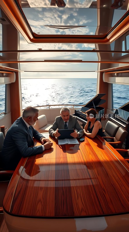 商务会议钢琴旁的优雅女性豪华游艇上的高端会谈