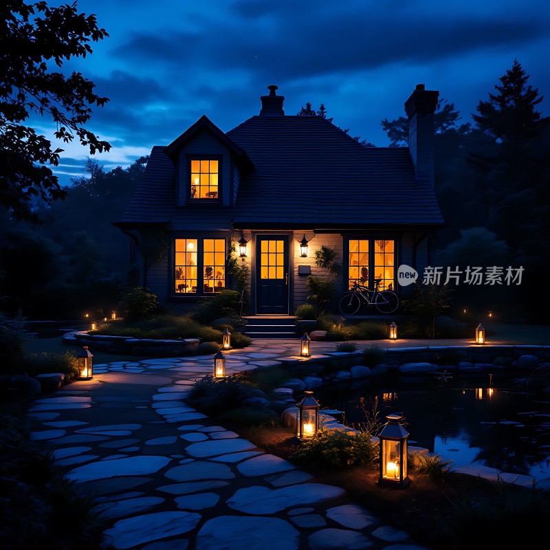 温馨小屋夜晚灯光下的宁静家园