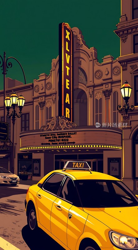 黄灯下的繁华剧院街景