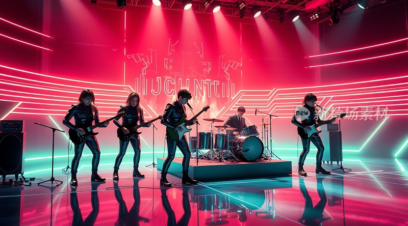 摇滚乐队激情演出舞台灯光炫目成员全情投入演奏