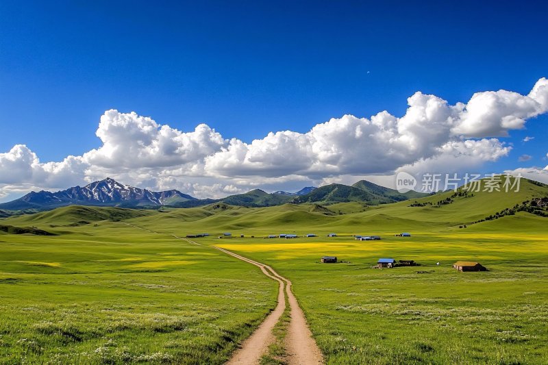 草原上的乡间小路与远山