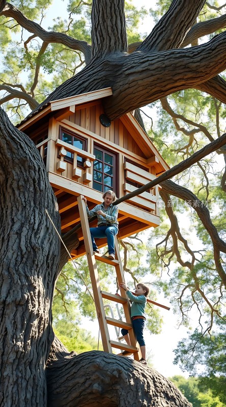 父子共筑树屋梦