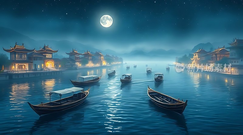 月下古镇水乡船影