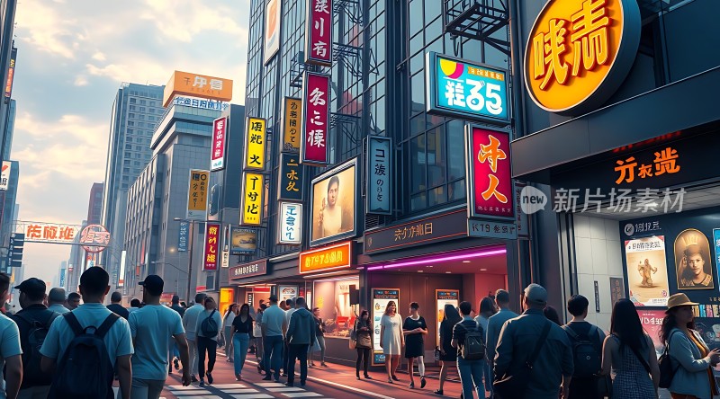 繁华都市街头霓虹闪烁人群熙攘