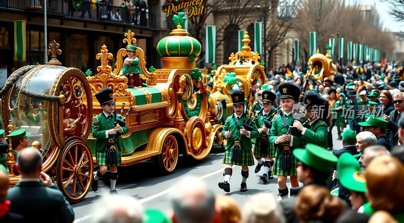 圣帕特里克节游行盛况绿意盎然乐声悠扬节日气氛浓厚