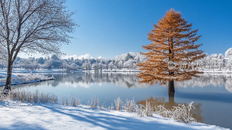 4K晴空万里的冬季湖边水杉冬景