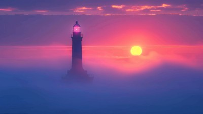 海上云雾日落和灯塔