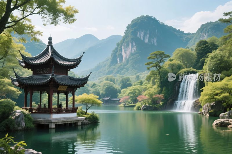 山水古亭风景图