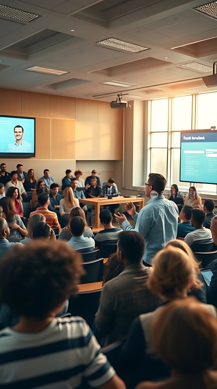 会议厅内专注聆听演讲的人群