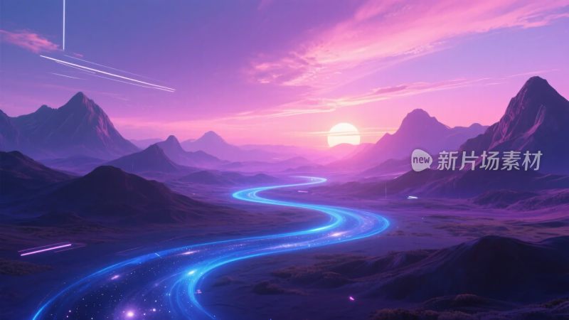 梦幻山间日落与发光道路景象