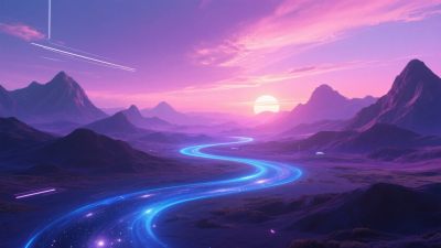 梦幻山间日落与发光道路景象 梦幻山间日落与发光道路景象