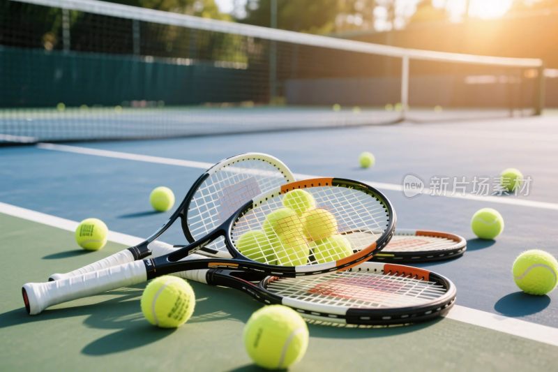 网球场上的网球与球拍