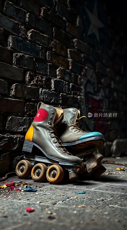 复古旱冰鞋与砖墙的怀旧时光