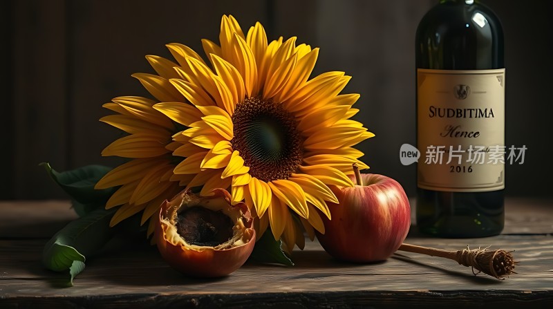向日葵、苹果与酒瓶的艺术静物