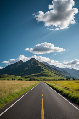 一条长长的路穿过一片山脉的田野风景图片