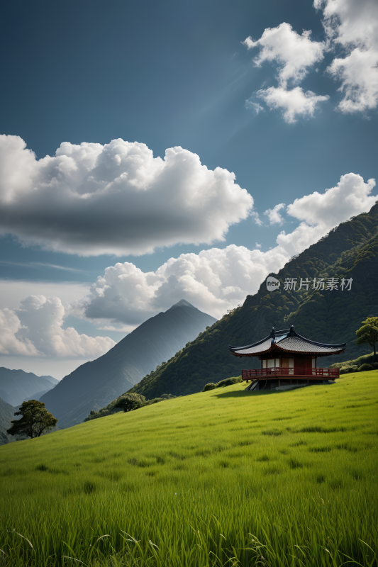 田野中央一座红色小建筑高清风景图片