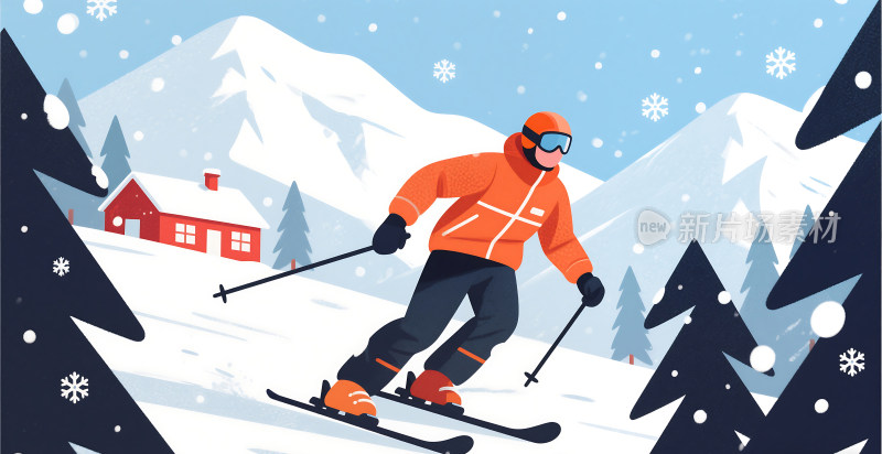 冬天雪景滑雪插画背景